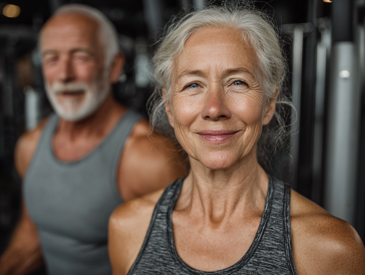 Seniori fericiți făcând exerciții în grup într-un parc